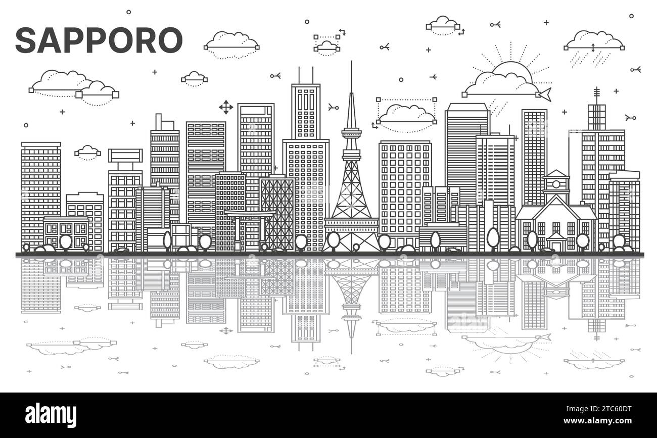 Delinea lo skyline della città di Sapporo, Giappone, con edifici moderni e storici e riflessi isolati su bianco. Illustrazione vettoriale. Sapporo Cityscape. Illustrazione Vettoriale