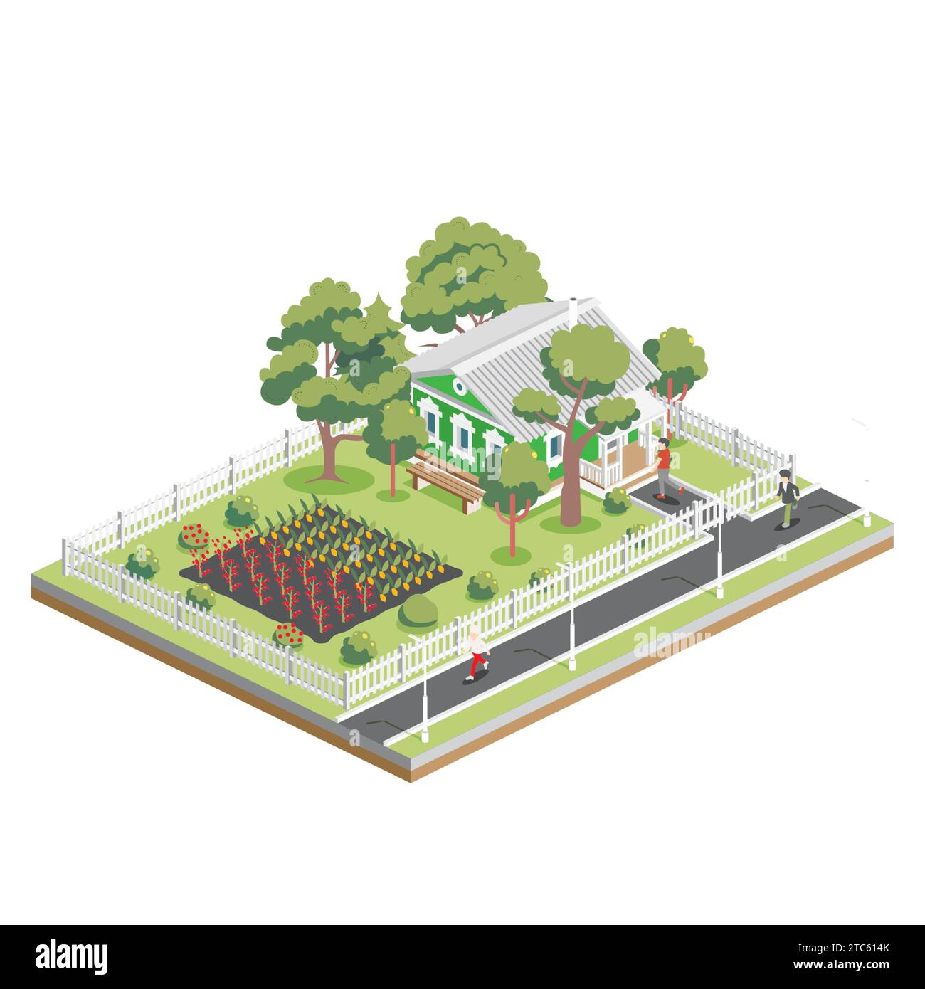 Vecchia casa isometrica con alberi e orti in periferia. Elemento infografico. Illustrazione vettoriale. Fattoria isolata su sfondo bianco. Illustrazione Vettoriale