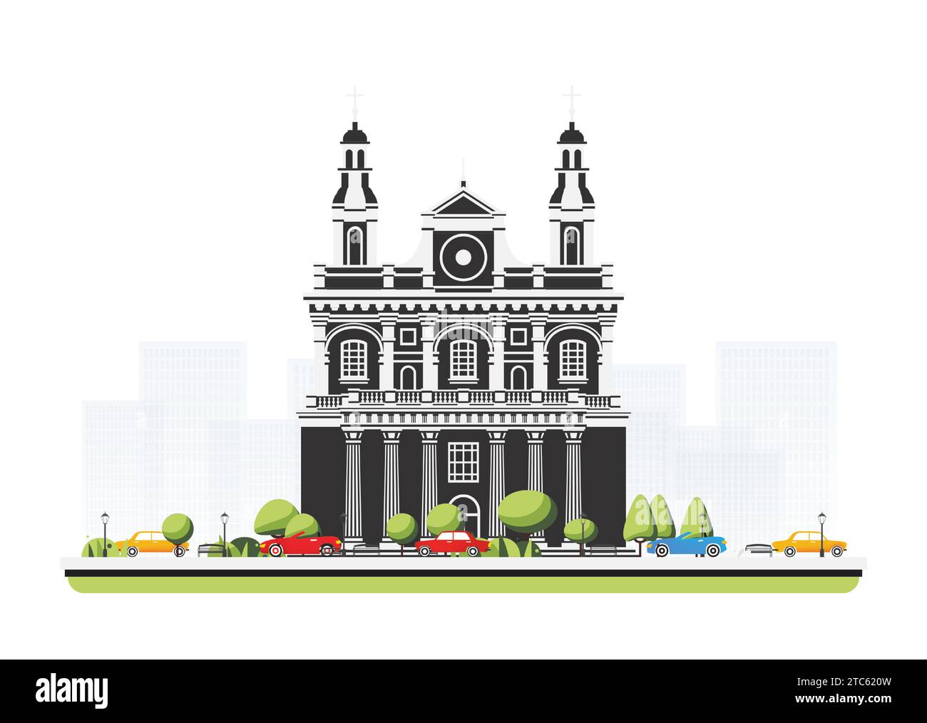 Vecchio edificio della cattedrale in stile piatto con alberi e automobili. Illustrazione vettoriale. Scena cittadina isolata su sfondo bianco. Architettura urbana. Illustrazione Vettoriale
