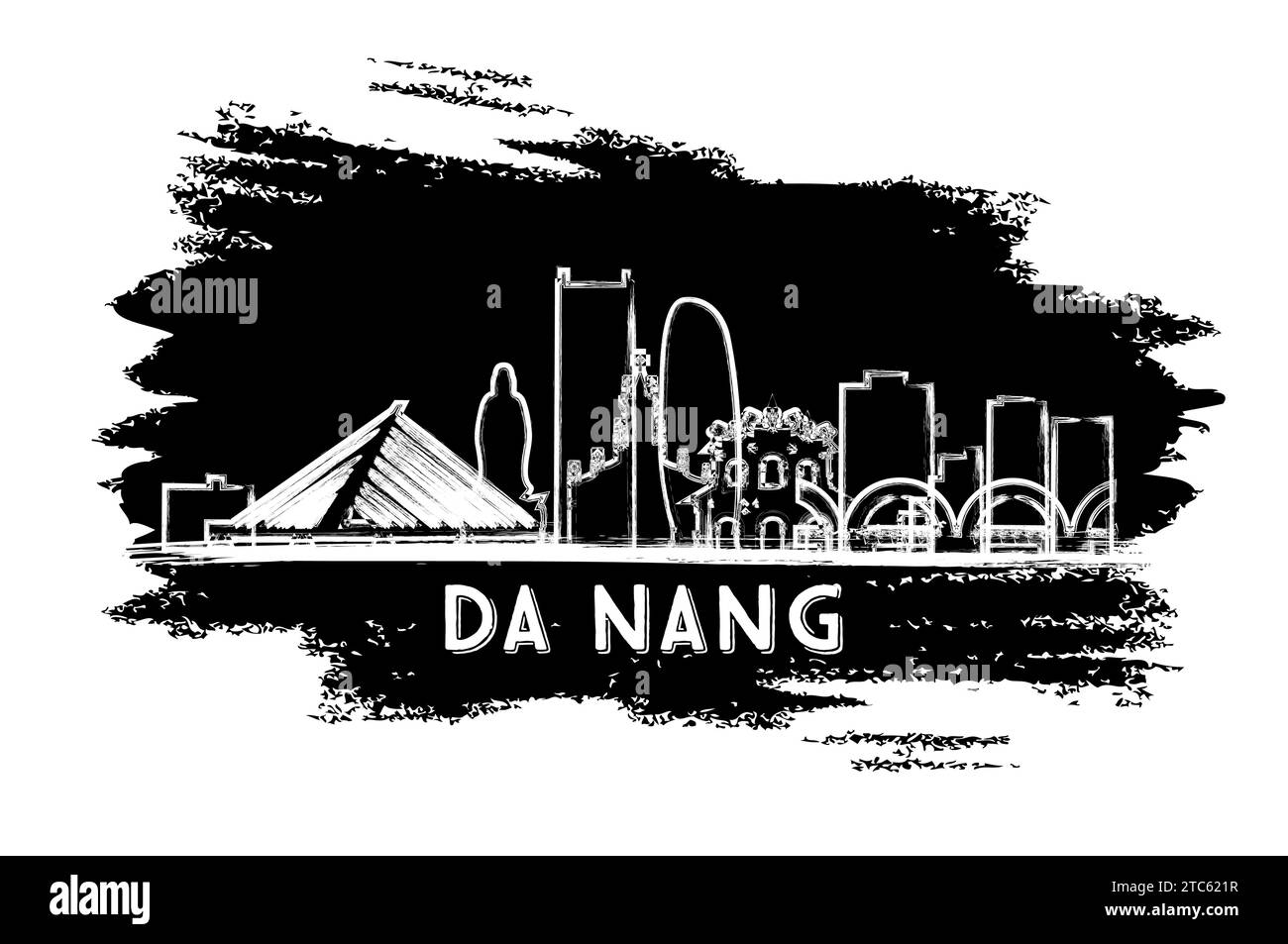 Silhouette da Nang Vietnam City. Schizzo disegnato a mano. Business Travel and Tourism Concept con architettura moderna. Illustrazione vettoriale. Illustrazione Vettoriale