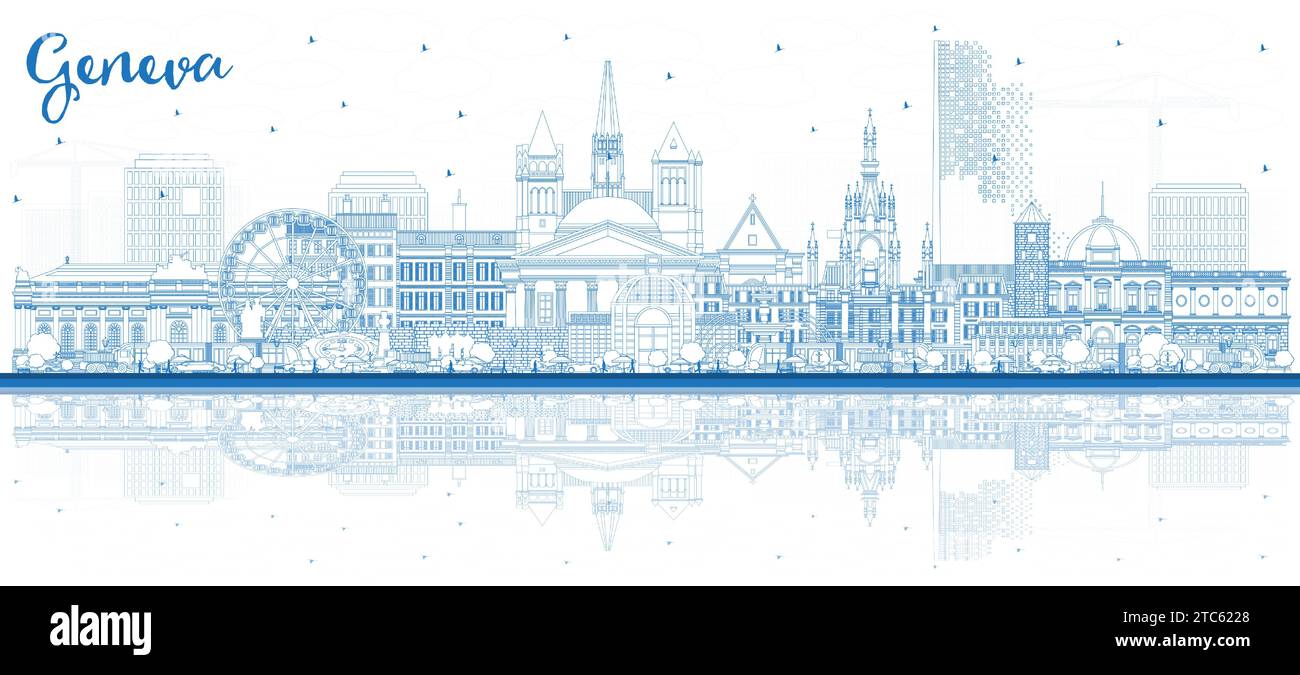 Delinea lo skyline di Ginevra in Svizzera con edifici e riflessi blu. Illustrazione vettoriale. Panorama cittadino di Ginevra con monumenti storici. Illustrazione Vettoriale