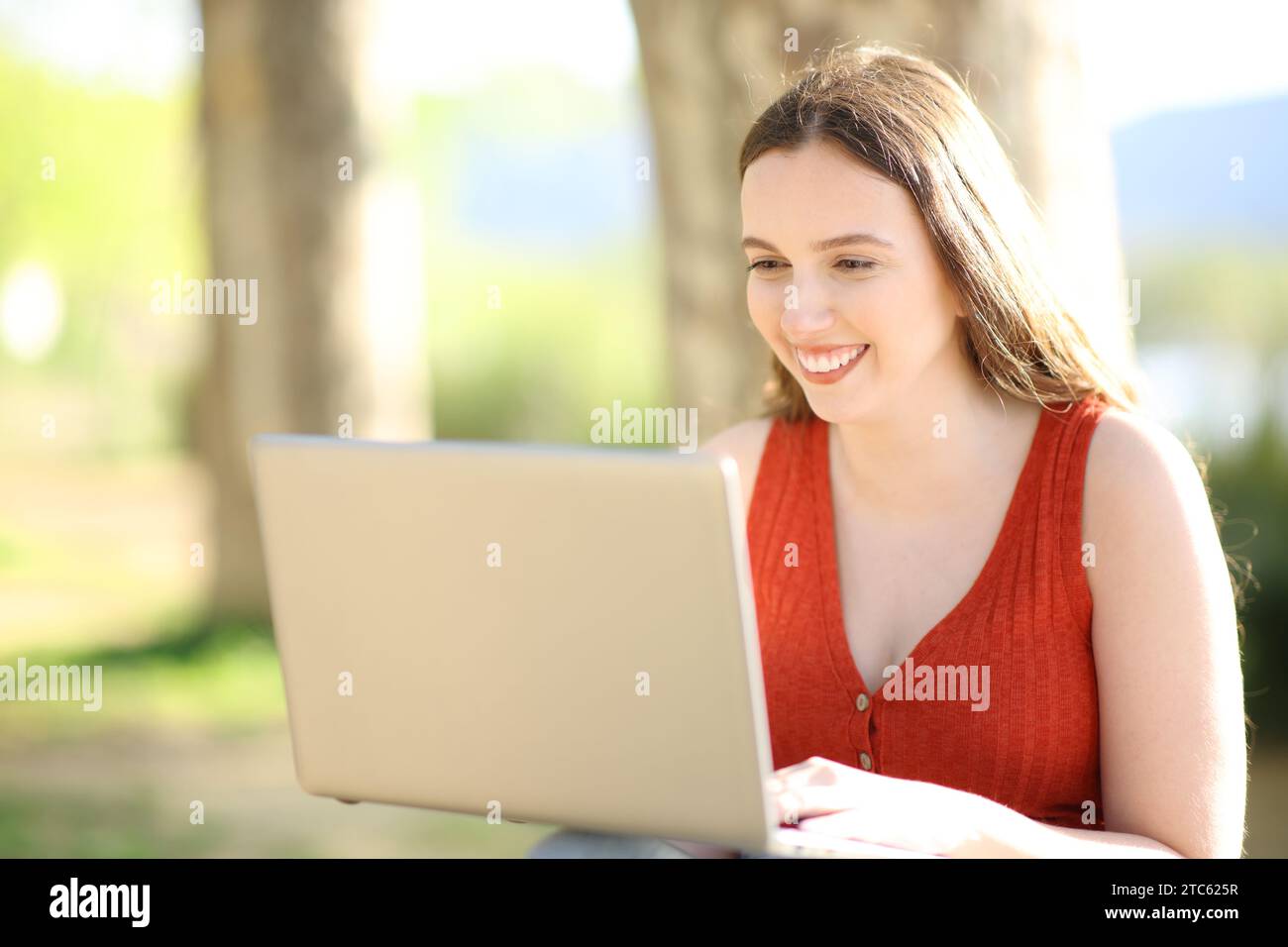 Donna felice che usa un notebook seduto nella natura Foto Stock
