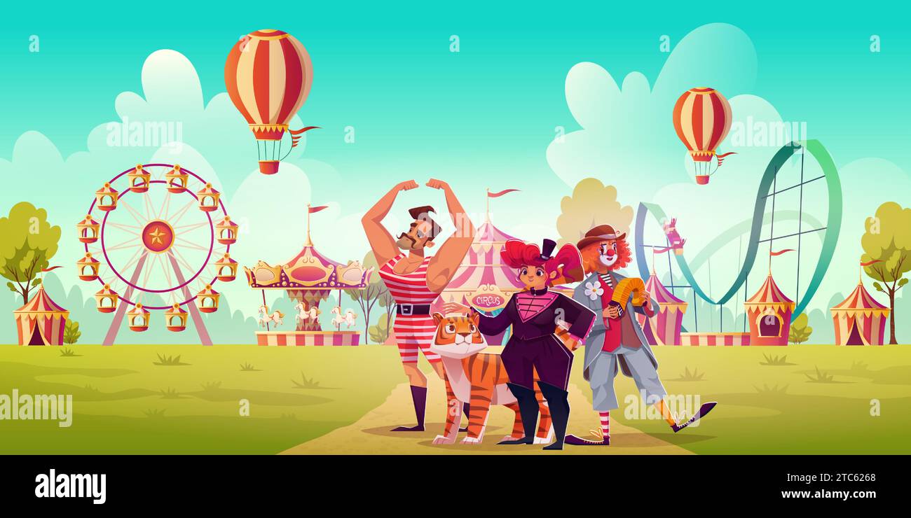 Attori del circo retrò nel parco a tema. Illustrazione vettoriale di clown, tamer femminile con tigre e uomo forte in costumi d'epoca che invitano gli ospiti a giostra del luna Park, ruota panoramica e montagne russe Illustrazione Vettoriale