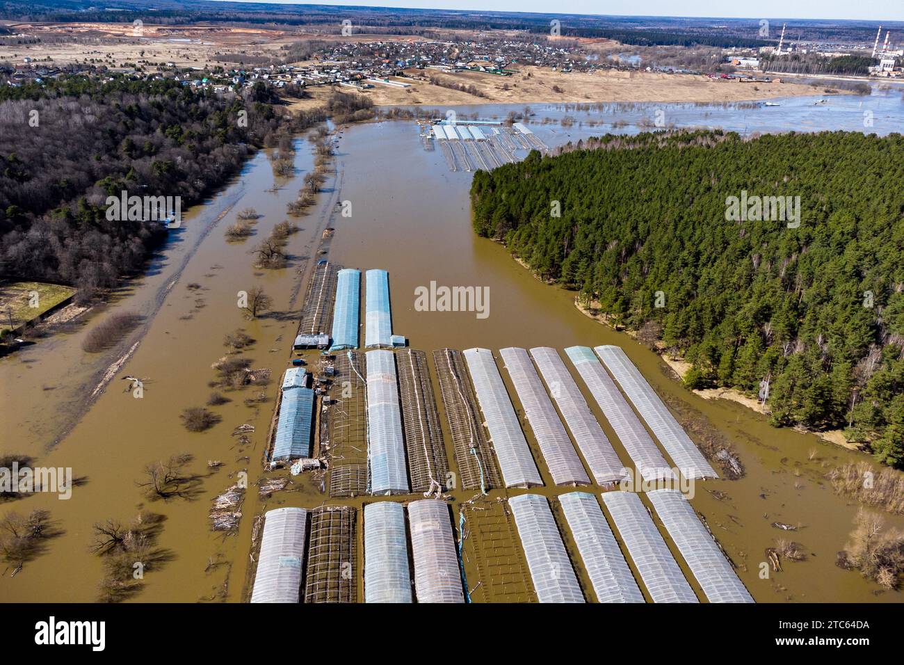 Campagna allagata con serre in un campo durante l'alluvione primaverile, vista aerea Foto Stock