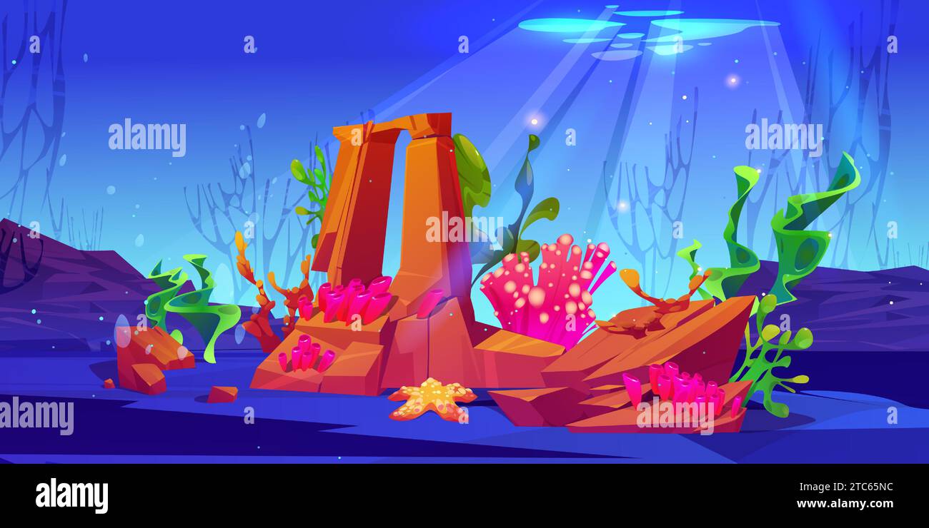 Fondale marino con luminosi coralli subacquei, pietre e alghe. Vettoriale di cartoni animati con fondo sabbioso di mare, oceano o acquario ricoperto da uno strato d'acqua con bolle. Paesaggio marino con piante e creature marine. Illustrazione Vettoriale Fondale marino con luminosi coralli subacquei, pietre e alghe. Vettoriale di cartoni animati con fondo sabbioso di mare, oceano o acquario ricoperto da uno strato d'acqua con bolle. Paesaggio marino con piante e creature marine. Illustrazione Vettoriale