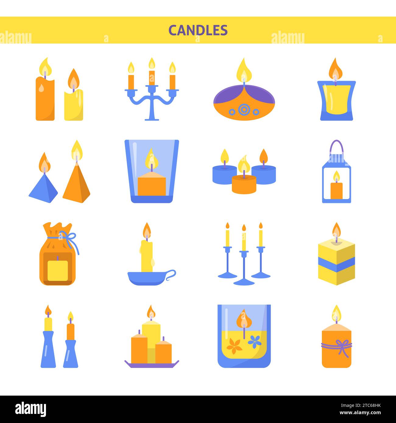 Icone luminose a forma di candela in stile piatto. Sorgente luminosa con simboli di fiamma in fiamme. Illustrazione vettoriale. Illustrazione Vettoriale