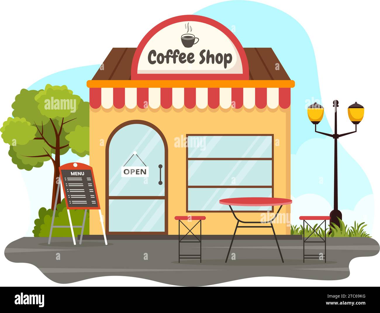 Illustrazione vettoriale del Coffee Shop con interni e mobili adatti per poster o pubblicità con sfondo in cartone animato piatto Illustrazione Vettoriale