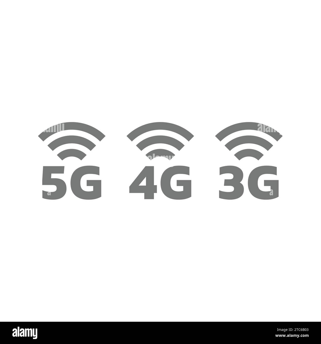 Set di icone vettoriali 3G, 4G e 5G. Tre icone G, quattro G e cinque G. Illustrazione Vettoriale