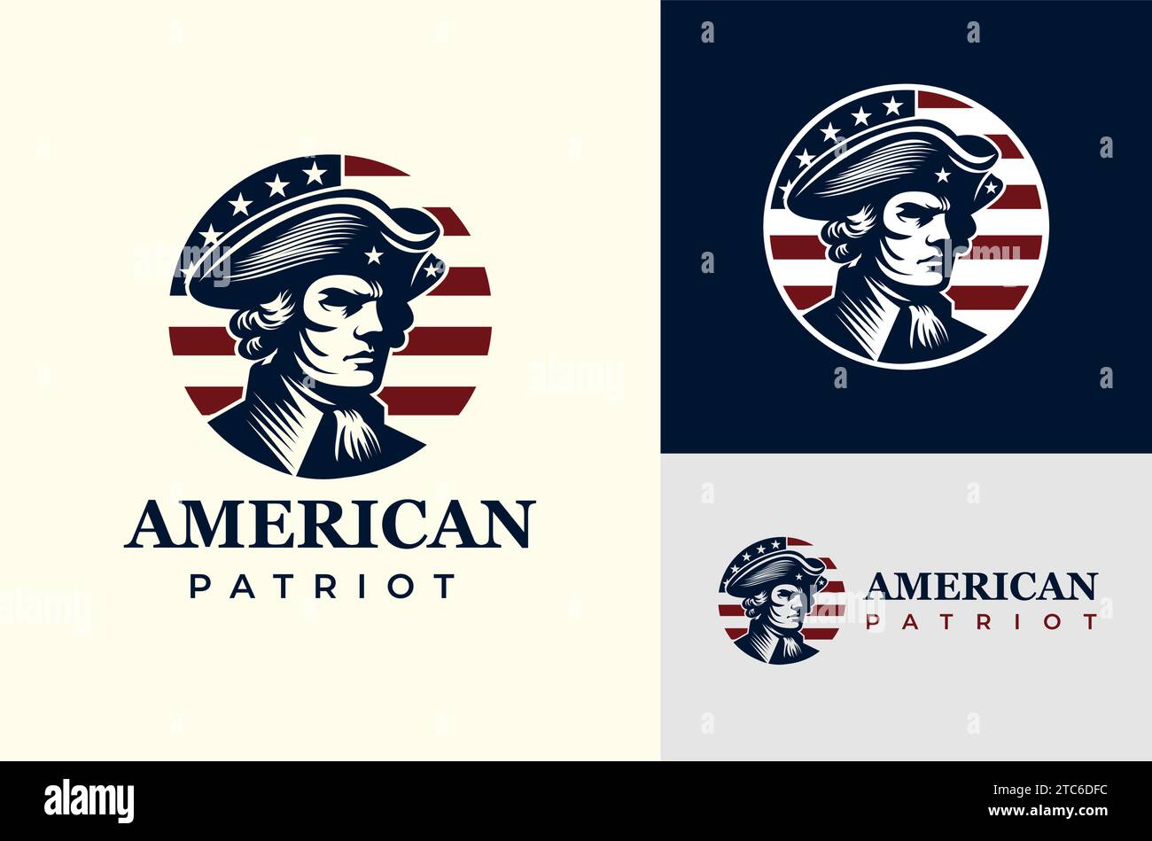 Silhouette di un patriota americano. Soldato d'epoca dell'Esercito della Guerra d'indipendenza americana con sfondo bandiera americana Circle Illustration Design Illustrazione Vettoriale