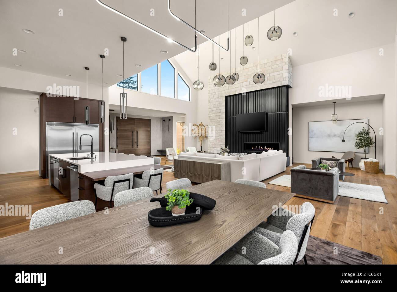 Soggiorno, cucina e foyer in una nuova casa di lusso Foto Stock