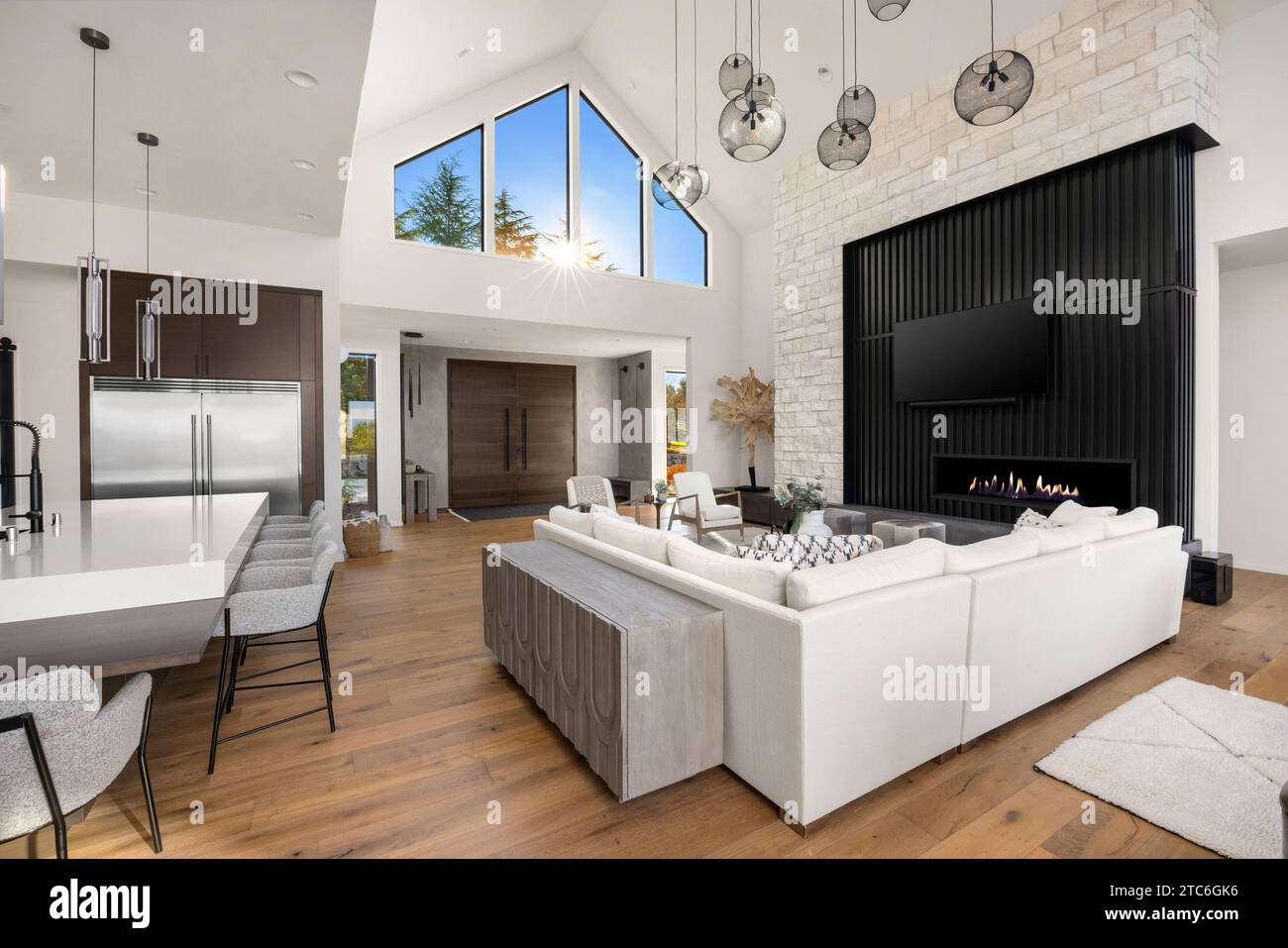 Soggiorno, cucina e atrio in una nuova casa di lusso in stile contemporaneo Foto Stock