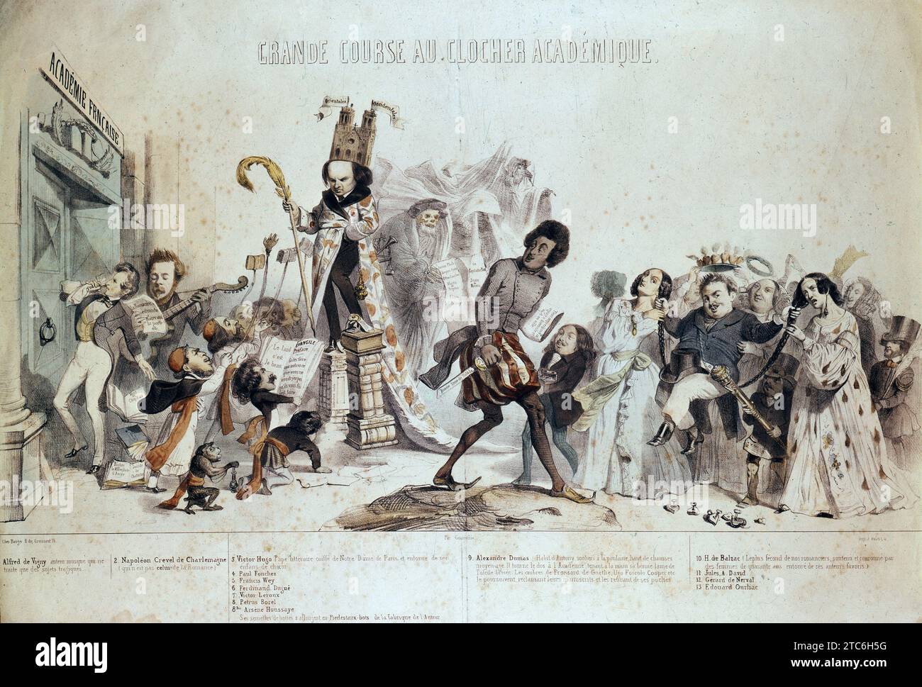 Il grande concorso accademico - "la grande Course au clocher Academique" caricatura sull'Academie francaise di Jean Ignace Isidore Grandville (1803 - 1847): Da sinistra a destra: Alfred de Vigny, Napoleon Crevel de Charlemagne, Victor Hugo, Paul Fouches, Francis Wey, Ferdinand Dugue, Victor Leroux, Petrus Borel, Arsene Houssaye, Alexandre Dumas fils, Honore de Balzac, Jules A. Foto Stock