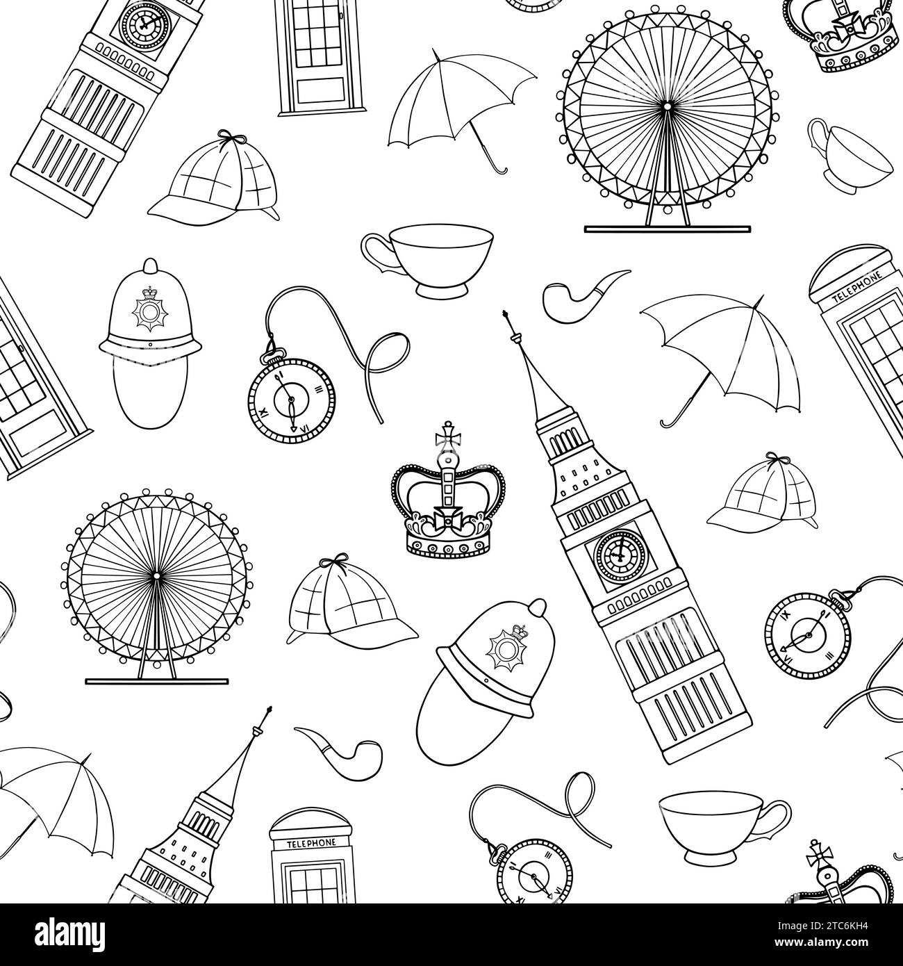 Set di simboli dell'Inghilterra, punti di riferimento. Icone di viaggio. Set disegnato a mano con corona, Big Ben, autobus rosso, bandiera, teiera, illustrazione vettoriale isolata Illustrazione Vettoriale