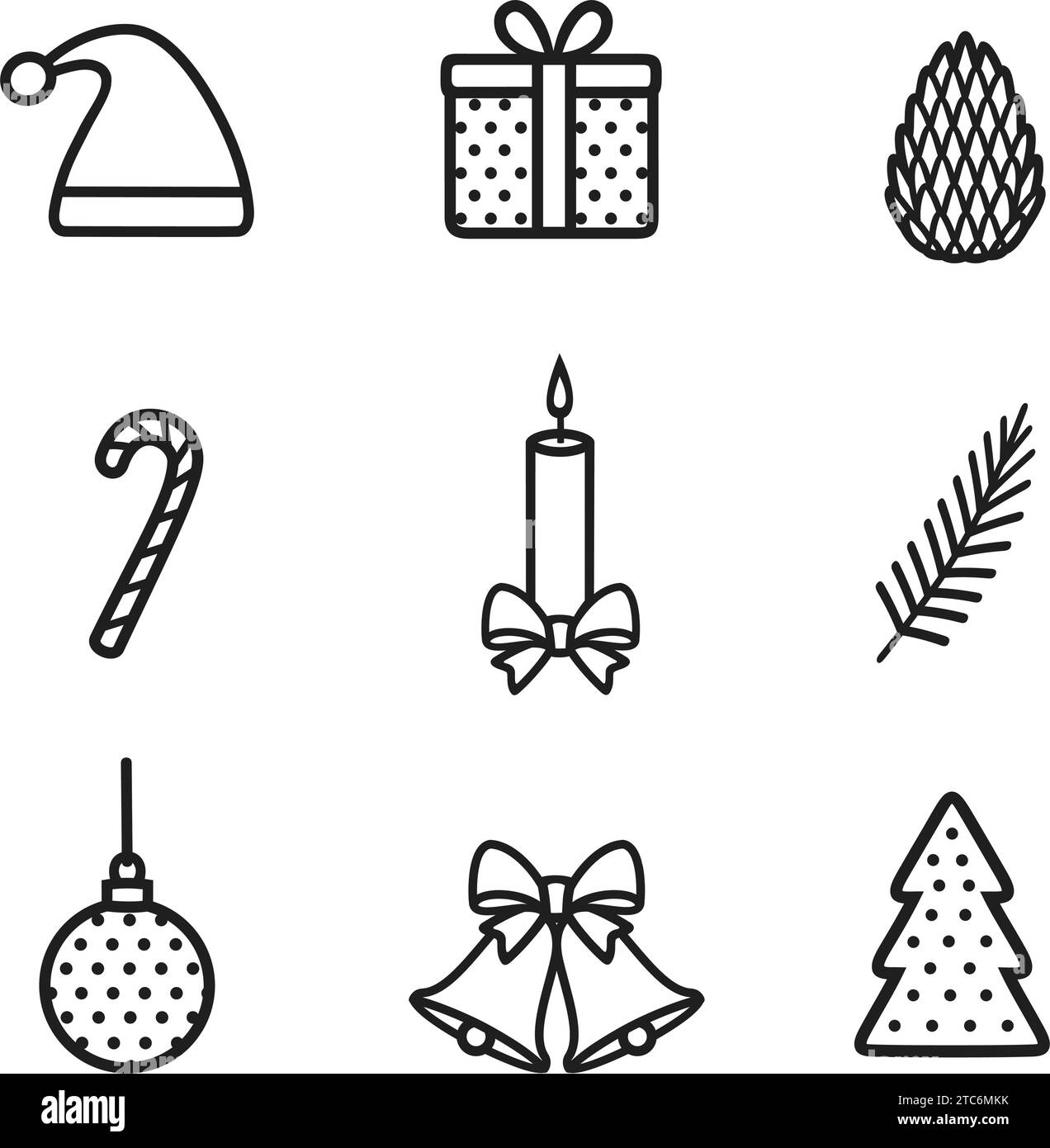 Icona linea elementi di design natalizi. Campane jingle con fiocco, palla, abete, confezione regalo, berretto, cono, canna da zucchero, candela. Set di accessori per le festività. Felice ne Illustrazione Vettoriale
