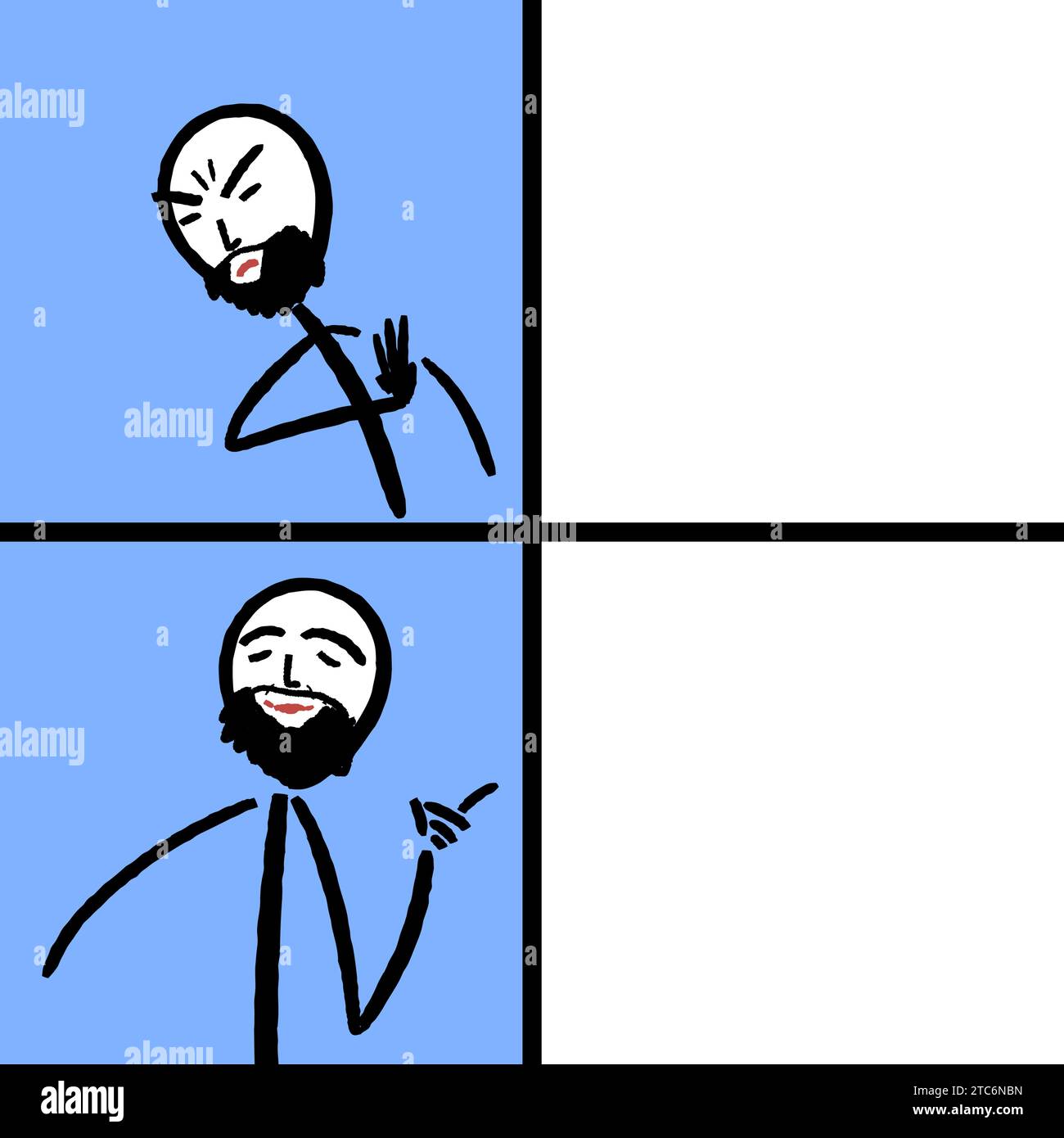 Modello meme di reazione con reazione negativa e positiva. Divertente meme in stile cartoni animati con spazio vuoto per l'editing. Illustrazione Vettoriale