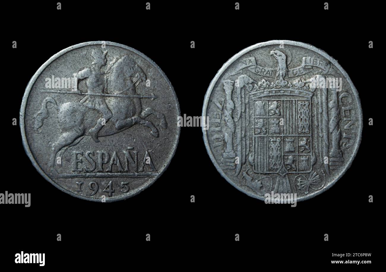Uno sfondo nero con una moneta spagnola da 1945 10 cent Foto Stock