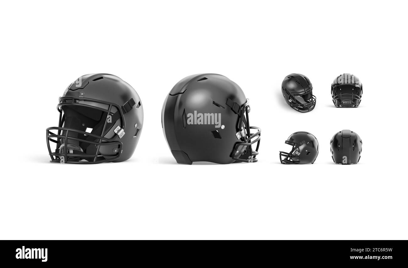 Mockup di caschi da football americano nero vuoto, viste diverse, rendering 3D. Maschera di protezione vuota con copricapo facciale, isolata. Attrezzatura di copertura trasparente Foto Stock