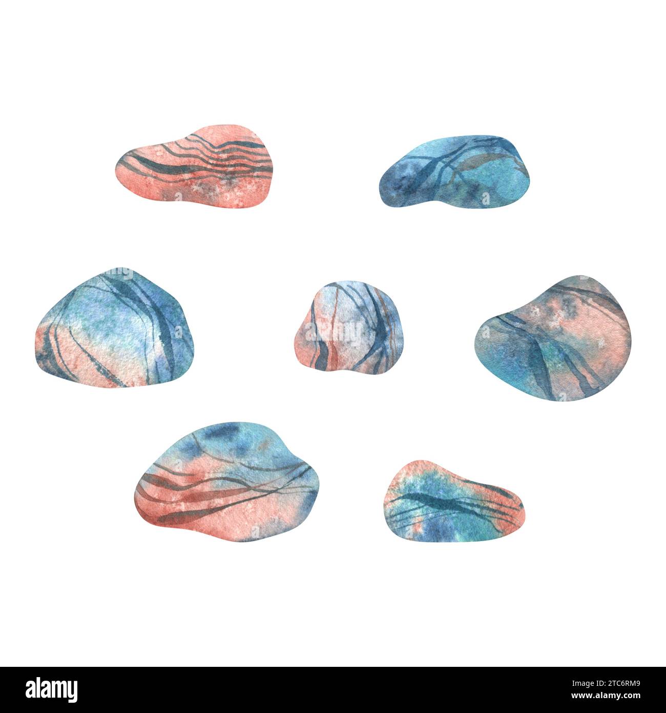 Mare, fiume, ciottoli di lago nei colori turchese, blu e corallo. Illustrazione ad acquerello disegnata a mano. Animali marini, mondo sottomarino, frutti di mare. Set di Foto Stock