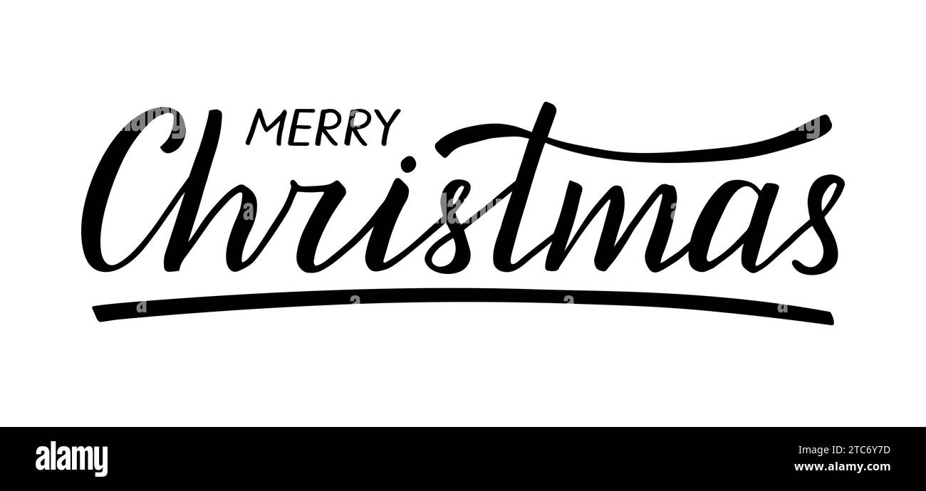 Buon Natale. Lettere a mano. Moderna calligrafia con inchiostro a pennello. Bella parola scritta a mano con linee sottili e spesse. Testo nero isolato sul retro bianco Illustrazione Vettoriale