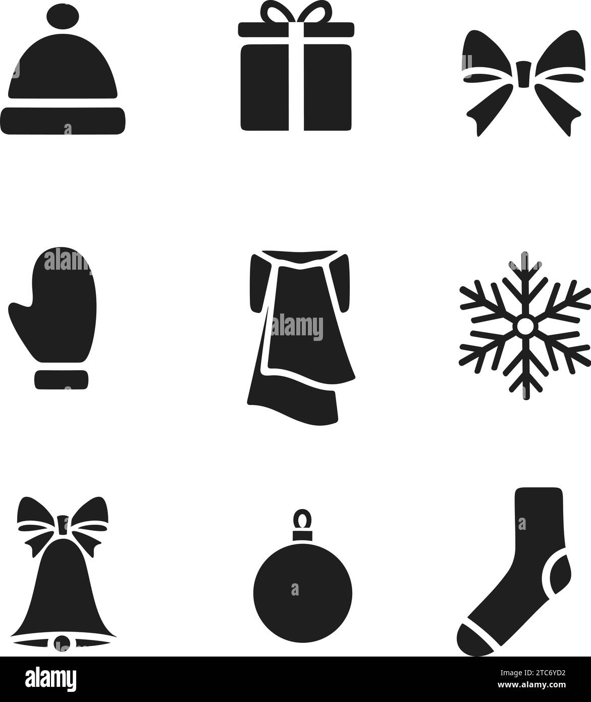 Icona degli elementi di design natalizi. Campana jingle con fiocco, palla, confezione regalo, fiocco di neve, berretto, calzino, guanto, sciarpa. Set di accessori per le festività. Buon anno nuovo vec Illustrazione Vettoriale