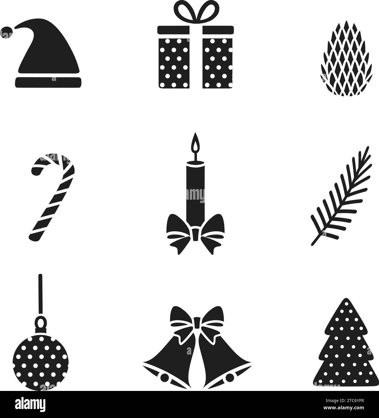 Icona degli elementi di design natalizi. Campane jingle con fiocco, palla, abete, confezione regalo, berretto, cono, canna da zucchero, candela. Set di accessori per le festività. Felice nuova Yea Illustrazione Vettoriale