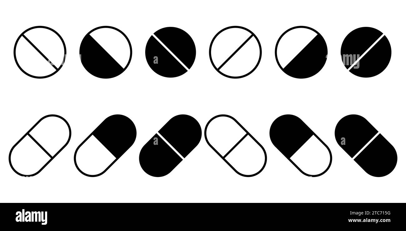 Icona pillole vettoriali Set medicamento e simbolo farmaceutico. Illustrazione Vettoriale