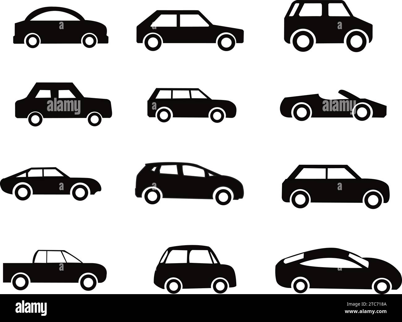 Icona auto monocromatica Set di icone Simple Solid Style, icona veicolo. Illustrazione Vettoriale