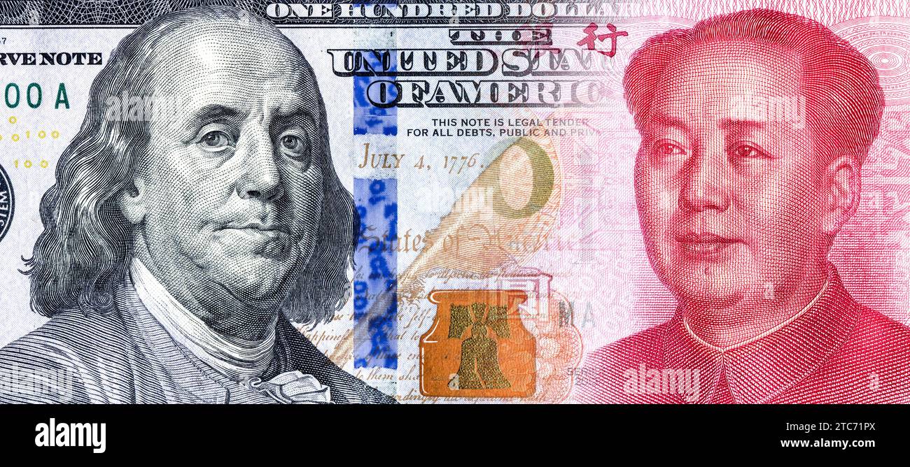 Banconota da dollari americani con Benjamin Franklin ritratto senza intoppi nello Yuan cinese con Mao Zedong. Concetto aziendale di concorrenza valutaria escl Foto Stock