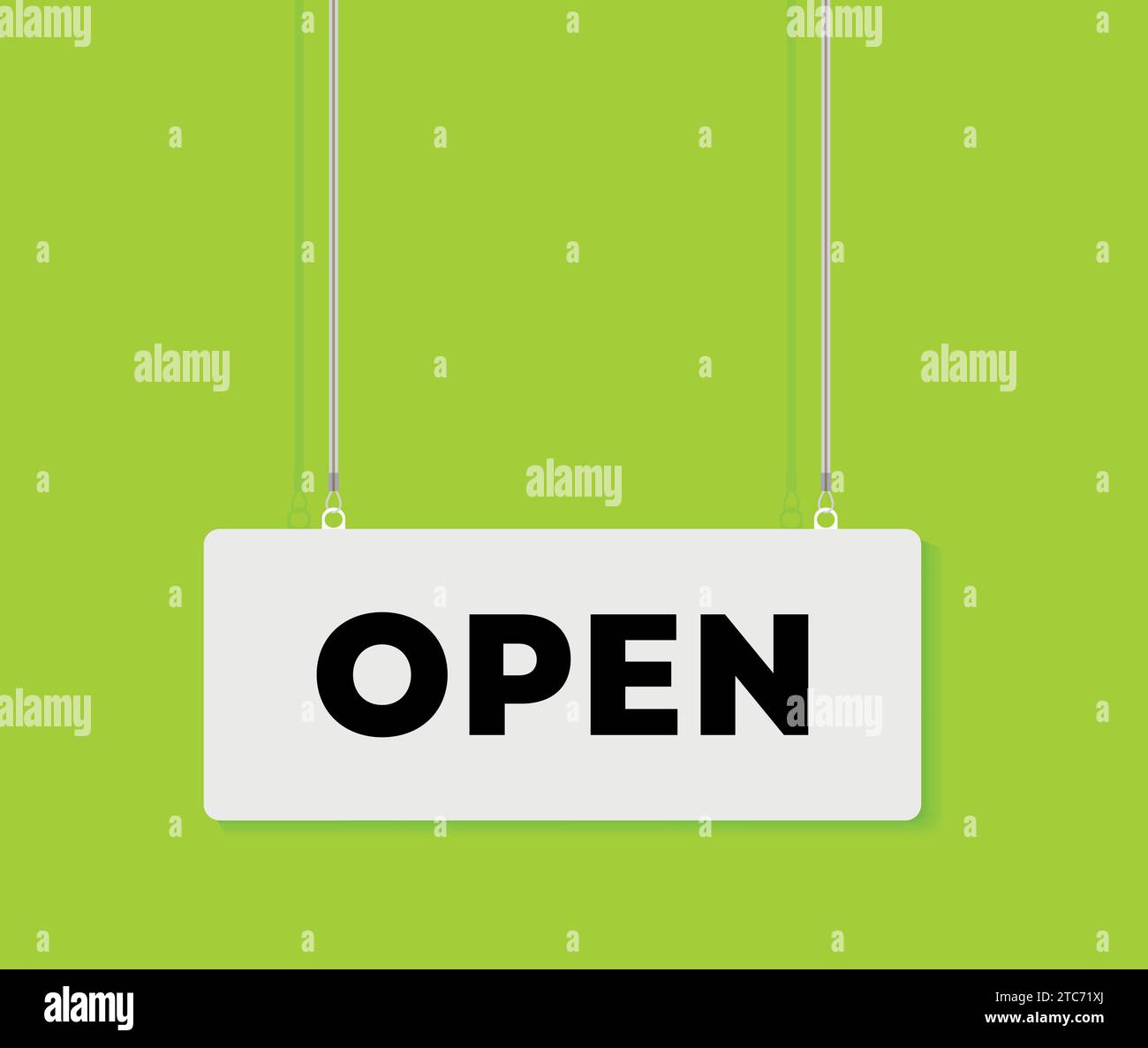 Illustrazione vettoriale dell'apertura di un cartello appeso su uno sfondo colorato verde limone. Illustrazione Vettoriale