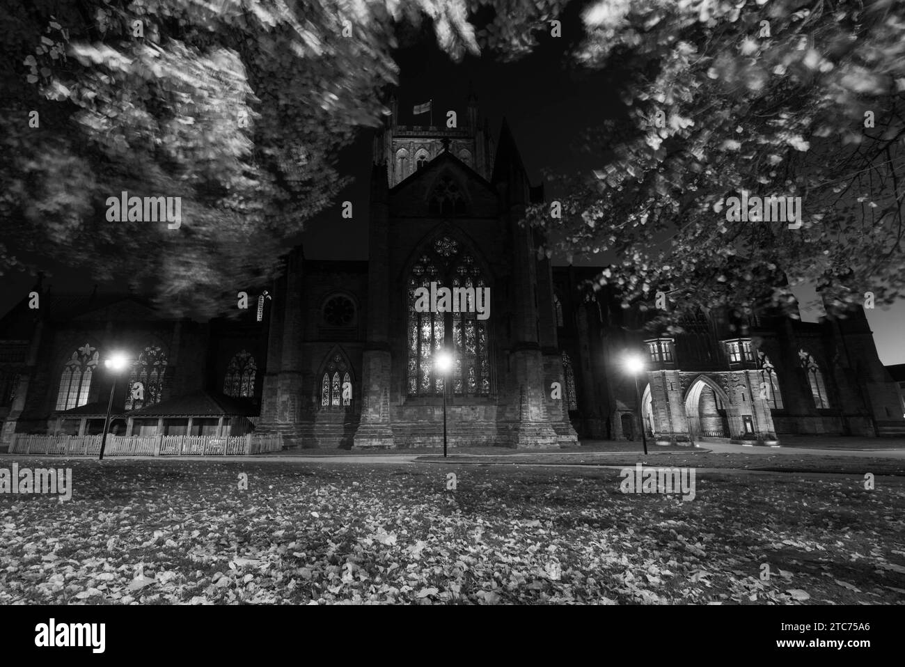 Aspetto settentrionale della cattedrale di Hereford illuminata quando la notte inizia a cadere Herefordshire Inghilterra Regno Unito. Novembre 2023 Foto Stock