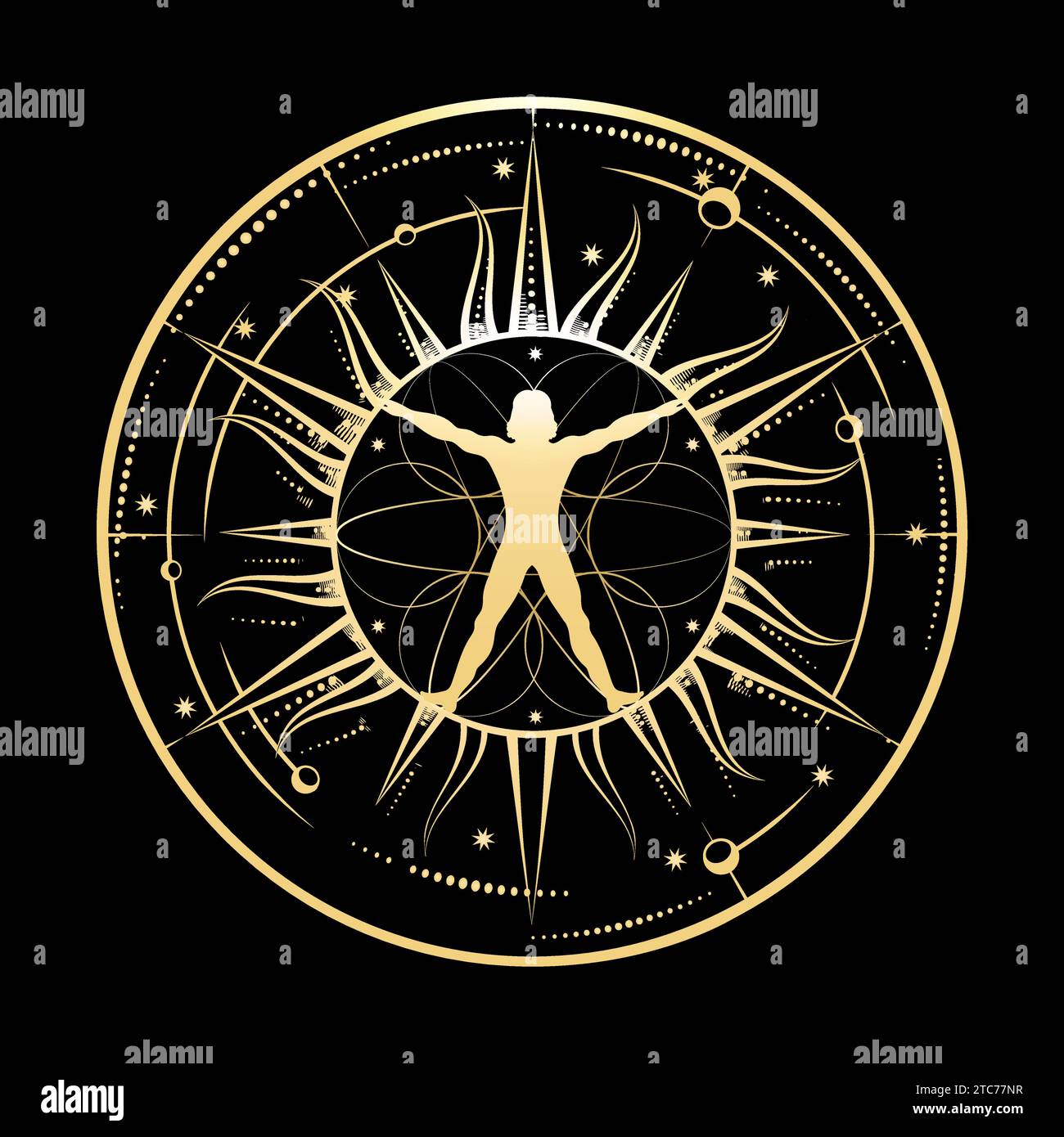 Vitruvian Man in Sacred Geometry Circle ispirato all'arte di Leonardo da Vinci. Illustrazione vettoriale disegnata a mano isolata su sfondo nero. Nessuna IA era u Illustrazione Vettoriale