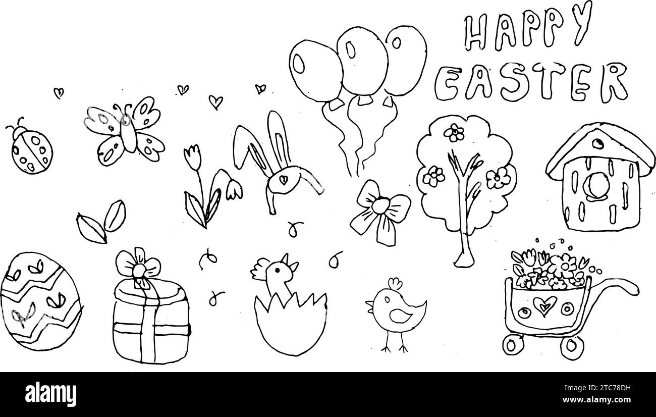 Happy Easter doodle set isolato. Illustrazione vettoriale con farfalla, chiken e altre icone festività. Può essere utilizzato per l'avvolgimento della carta. Illustrazione Vettoriale
