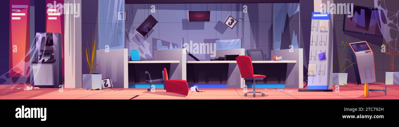 L'ufficio del servizio clienti della banca chiuso abbandonato e rotto con mobili e attrezzature danneggiati. Cartoon Vector Financial Company ha frantumato l'interi del cabinet Illustrazione Vettoriale
