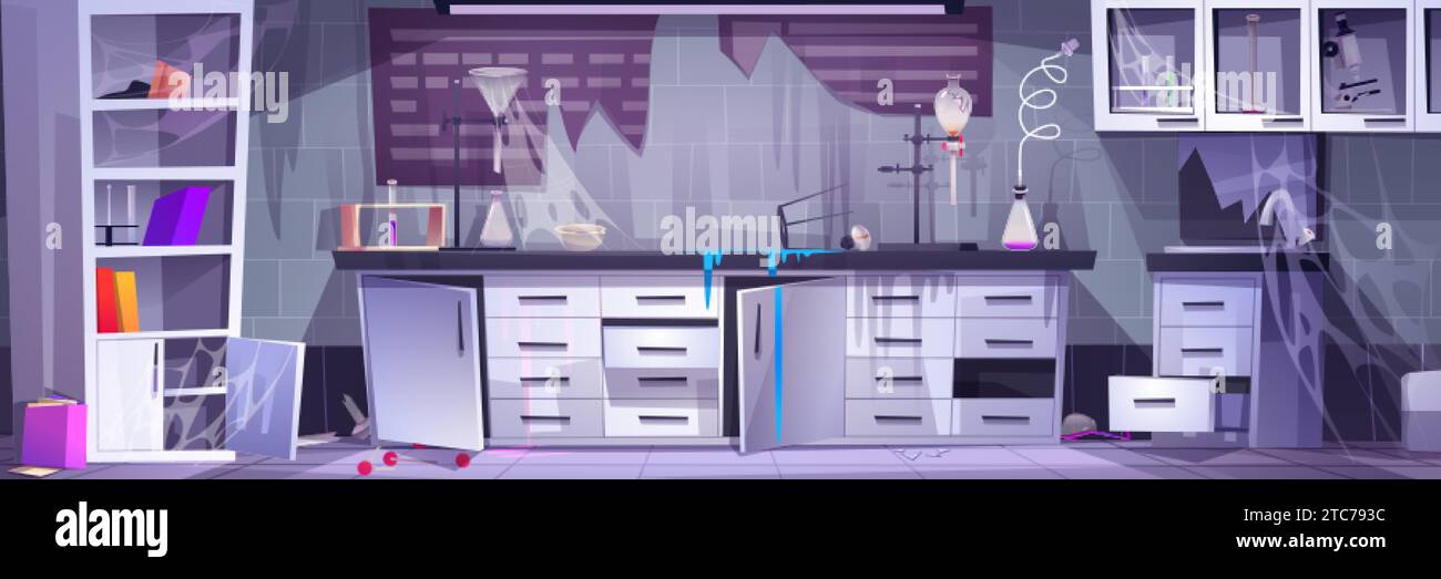 Abbandonato e desolato, ha distrutto un laboratorio scientifico con oggetti in vetro e mobili rotti, spazzatura e ragnatele. Interno vettoriale cartone animato di chiuso sporco Illustrazione Vettoriale
