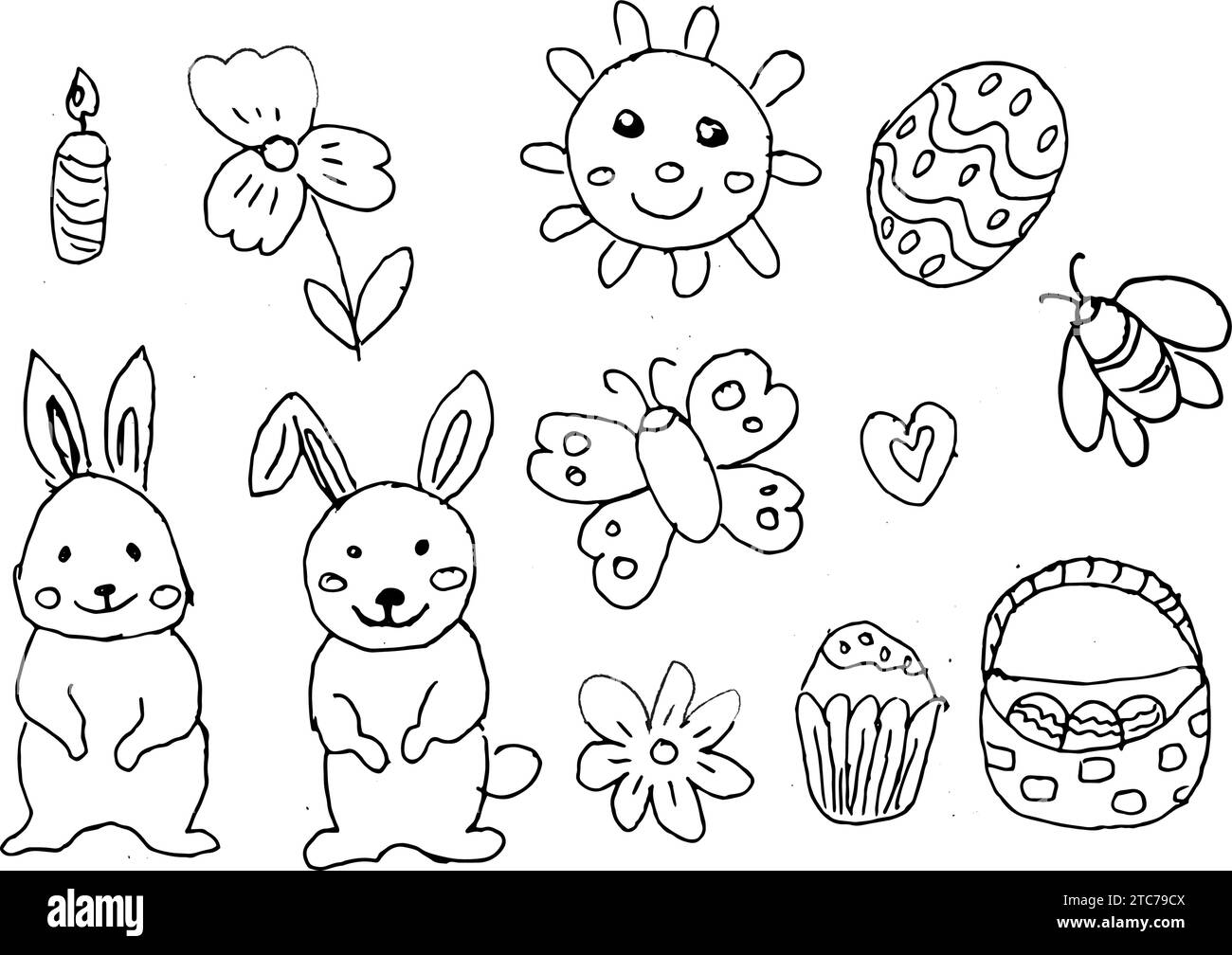Happy Easter doodle set isolato. Illustrazione vettoriale con farfalla, coniglietto e altre icone delle festività. Può essere utilizzato per confezionare carta, biglietti d'auguri. Illustrazione Vettoriale