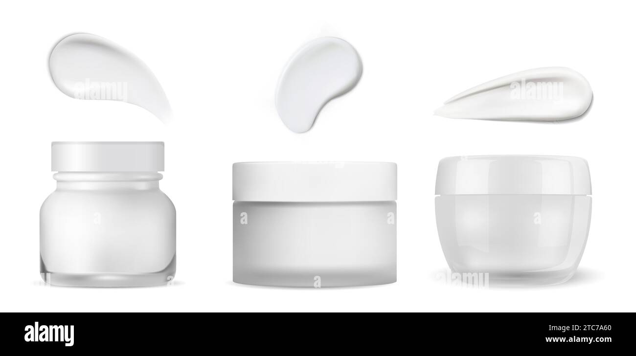 Vaso cosmetico. Confezione in crema bianca con effetto texture. Modello vettoriale rotondo con vaso in vetro realistico con goccia striscio. Mockup per biberon con lozione per la cura della pelle, PL Illustrazione Vettoriale