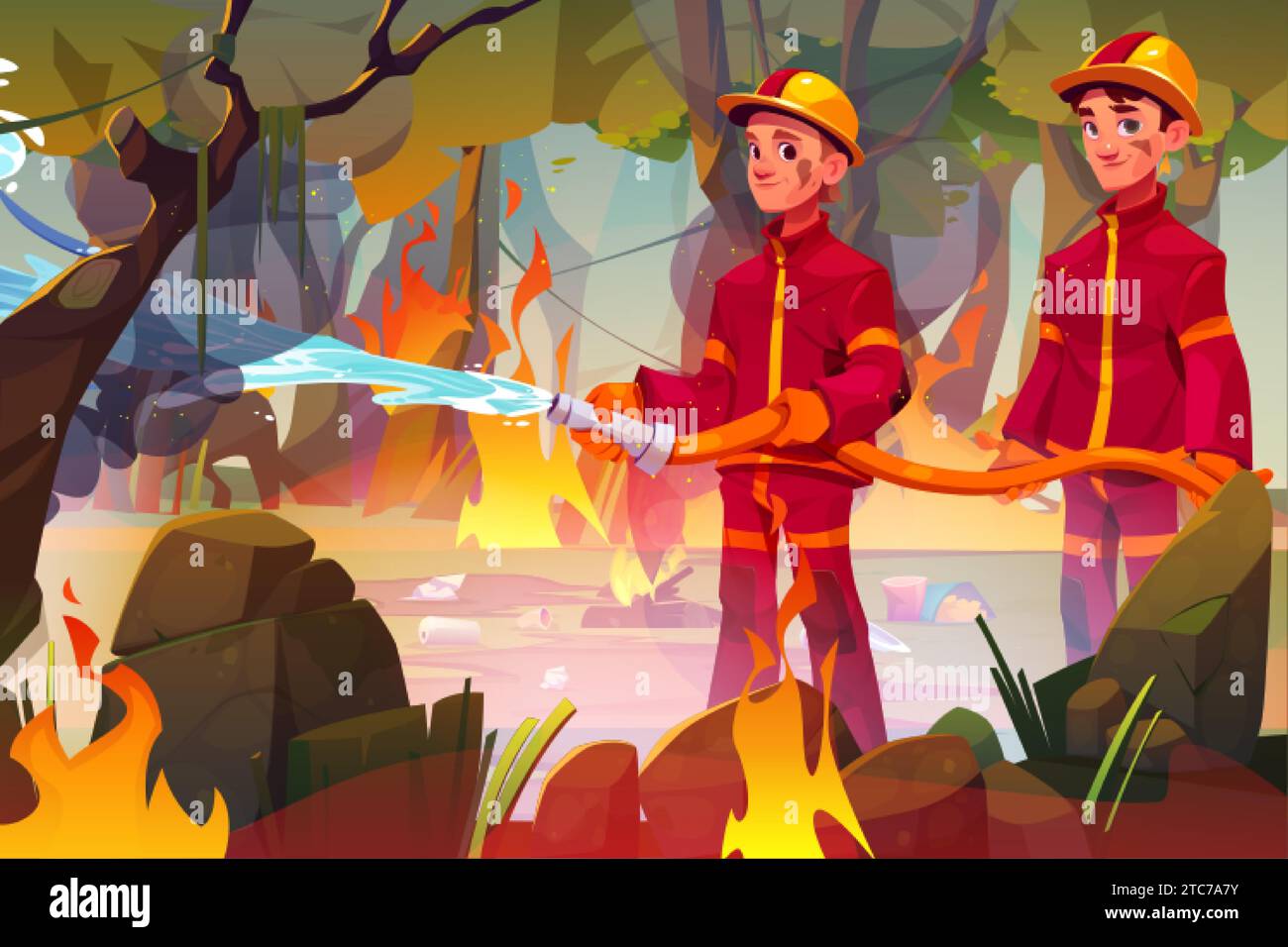 Vigili del fuoco con tubi che estinguono l'incendio nelle foreste. Illustrazione di un cartone animato vettoriale di due personaggi maschili in uniforme che versano acqua in un incendio causato dal campo Illustrazione Vettoriale