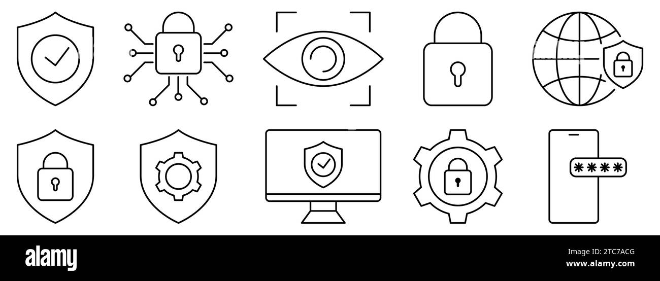 Set di icone di protezione impostato. La progettazione può essere utilizzata per applicazioni Web e mobili. Illustrazione vettoriale Illustrazione Vettoriale