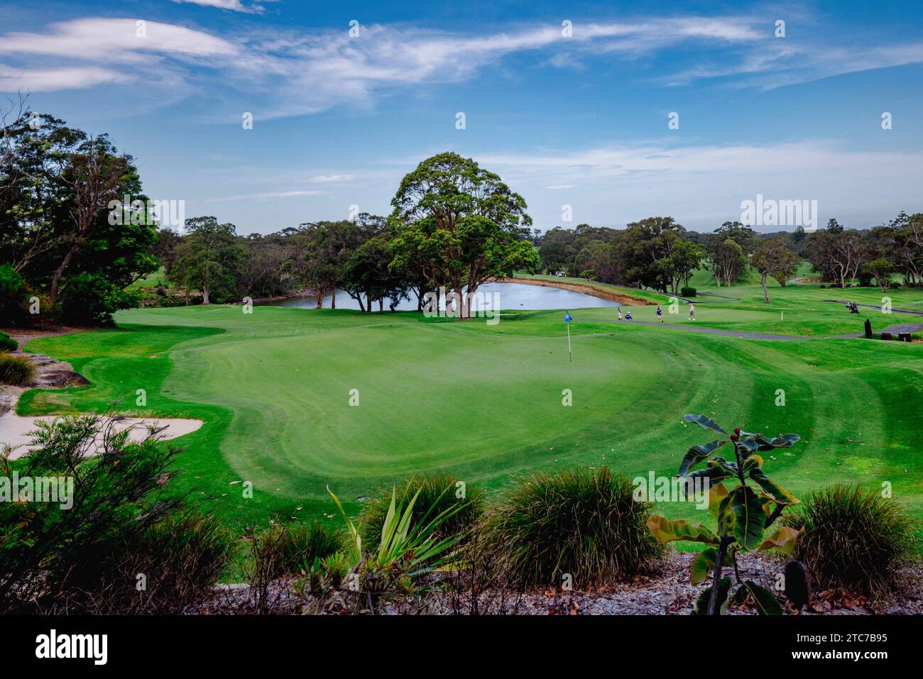 Un campo da golf con lussureggianti fairway verdi e un lago sullo sfondo Foto Stock