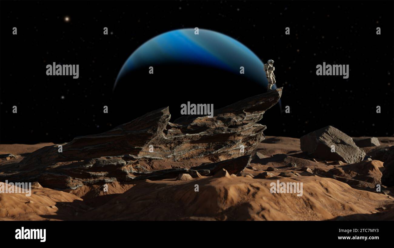 Astronauta sul pianeta alieno, pianeta rosso Marte. Esplorazione spaziale, colonia marziana, scienza, sistema solare. Paesaggio roccioso. rendering 3d. Foto Stock