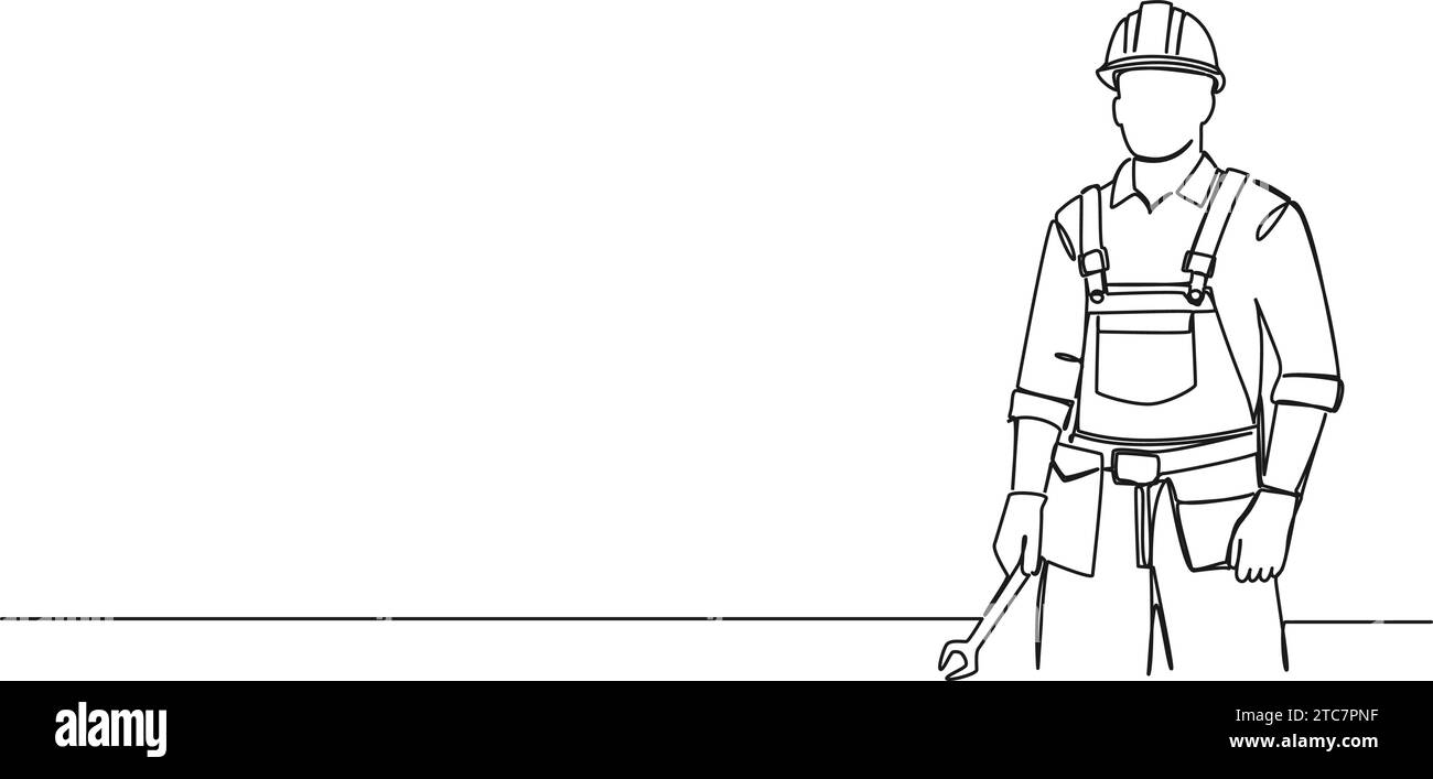 disegno continuo a linea singola di un operaio edile che indossa elmetto e chiave di bloccaggio, illustrazione vettoriale line art Illustrazione Vettoriale