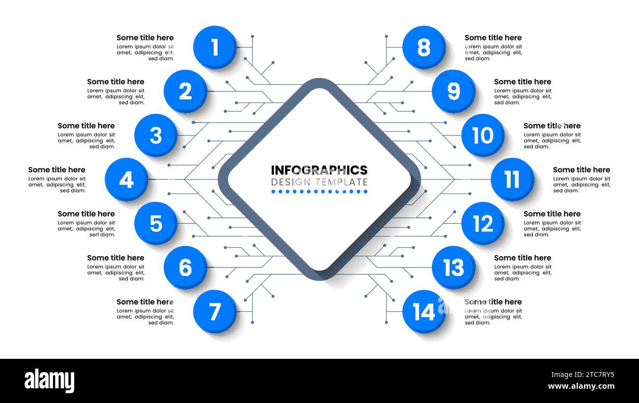 Modello infografico con 14 opzioni o passaggi. Chip. Può essere utilizzato per layout del flusso di lavoro, diagrammi, banner, webdesign. Illustrazione vettoriale Illustrazione Vettoriale