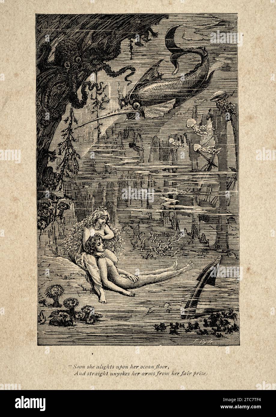 Sirena sotto il mare, con un marinaio annegato, illustrazione d'epoca da una poesia di Thomas Hood, presto si schianta sul fondo dell'oceano e dritto Foto Stock
