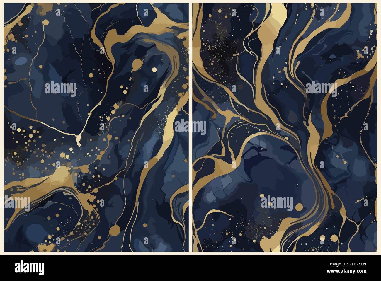 Set di moderni sfondi in marmo blu navy e oro. Illustrazione Vettoriale