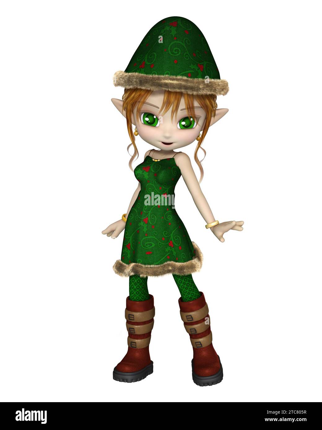 Toon Christmas Elf Girl in abito verde e cappello Foto Stock