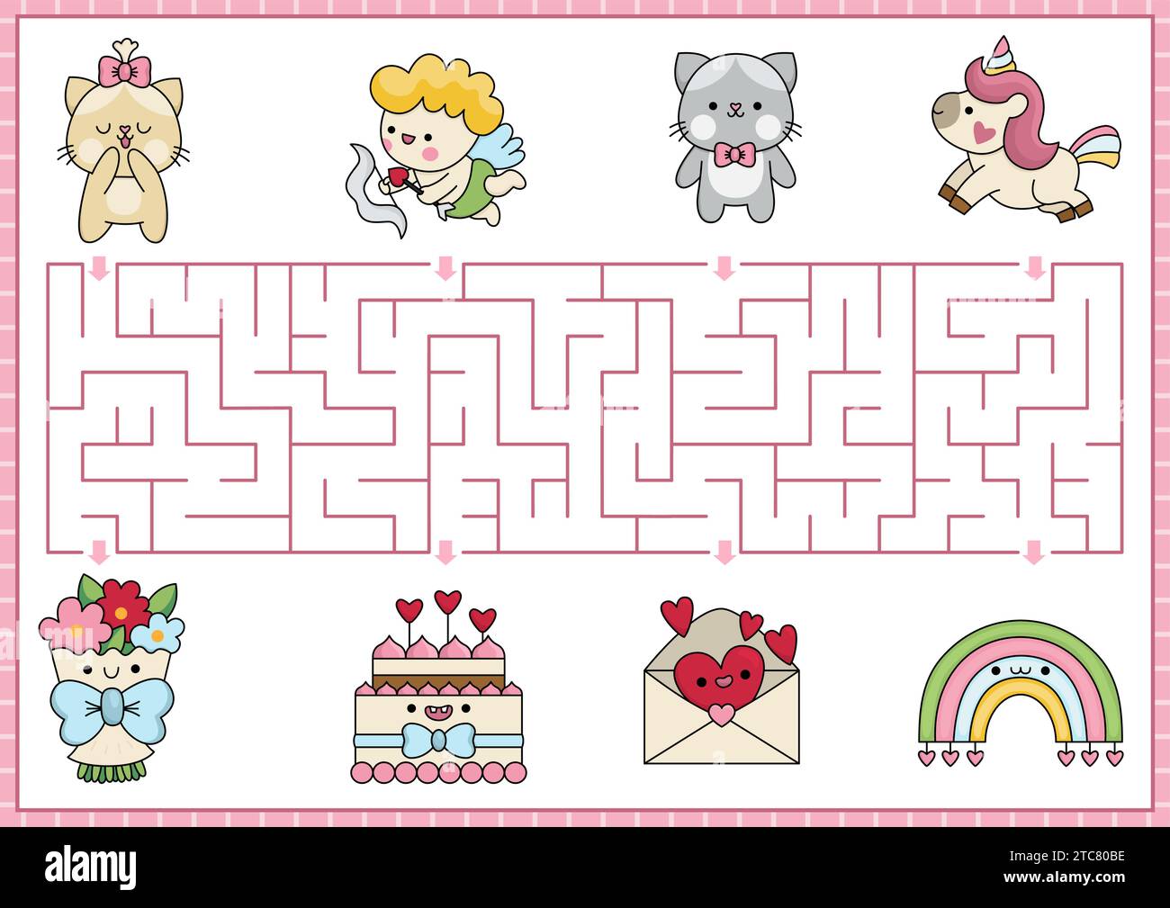 Labirinto di San Valentino per bambini. Ama le attività stampabili durante le vacanze in età prescolare con personaggi kawaii. Labirinto gioco o puzzle con carino cupido, gatti, unico Illustrazione Vettoriale
