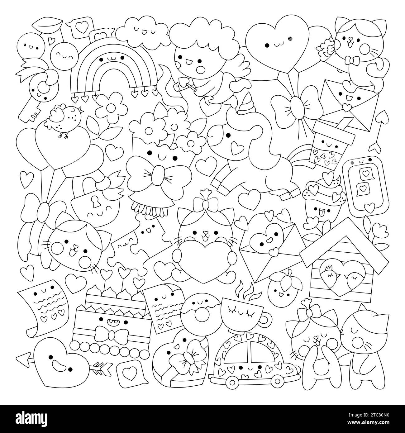 Pagina da colorare Vector Saint Valentine con linee quadrate per bambini con simpatici personaggi kawaii. Illustrazione in bianco e nero per le vacanze d'amore con divertente tazza Illustrazione Vettoriale