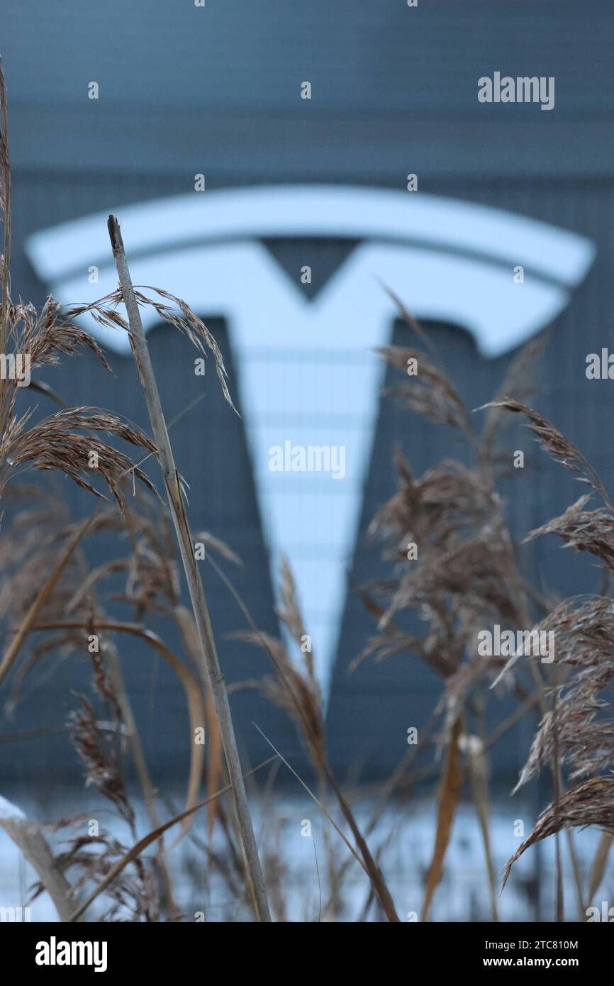 Il logo Tesla in bianco su una parete grigia al centro di consegna fuori Stoccolma, in Svezia. Foto Stock