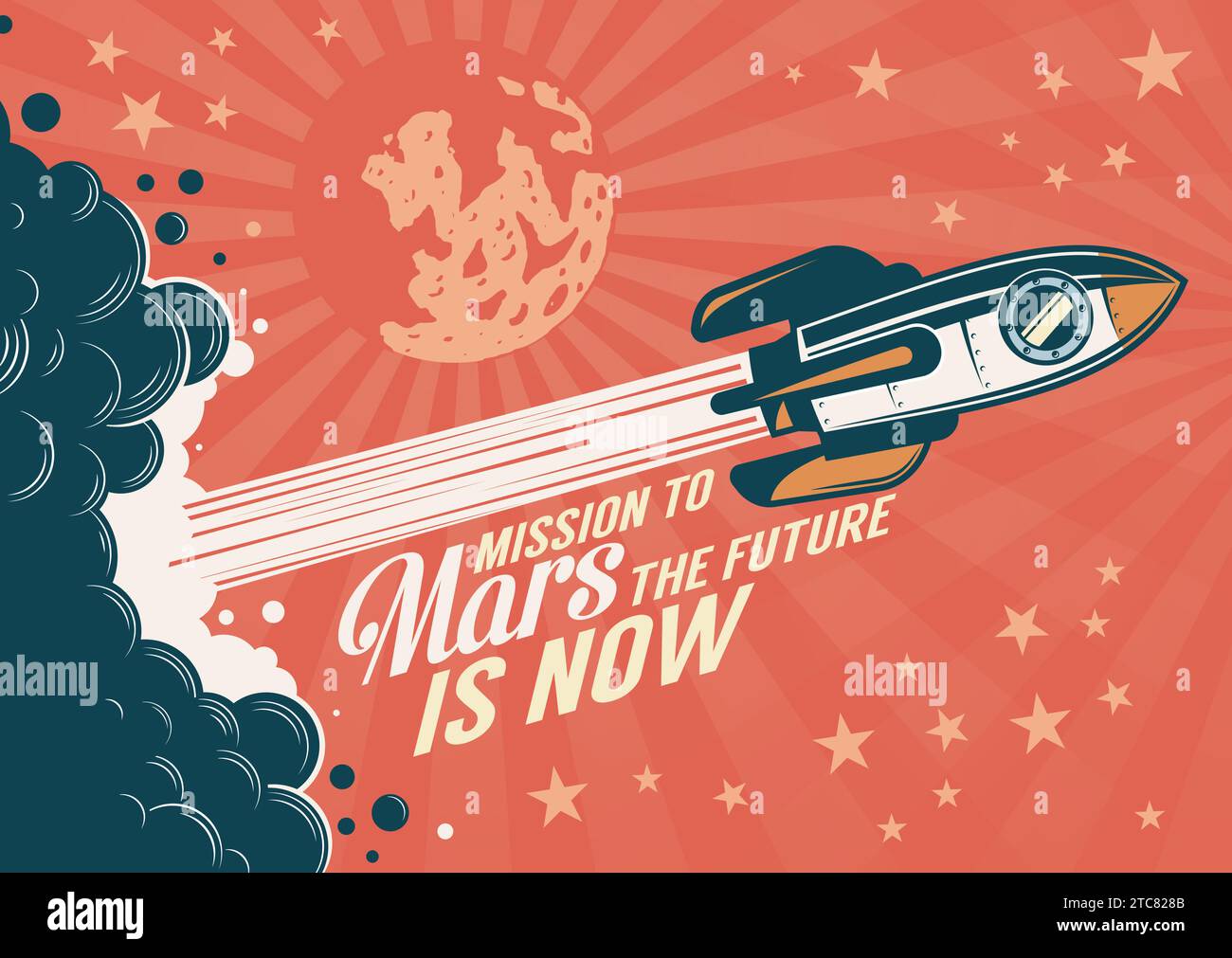 Rocket vola su Marte - poster retrò Illustrazione Vettoriale
