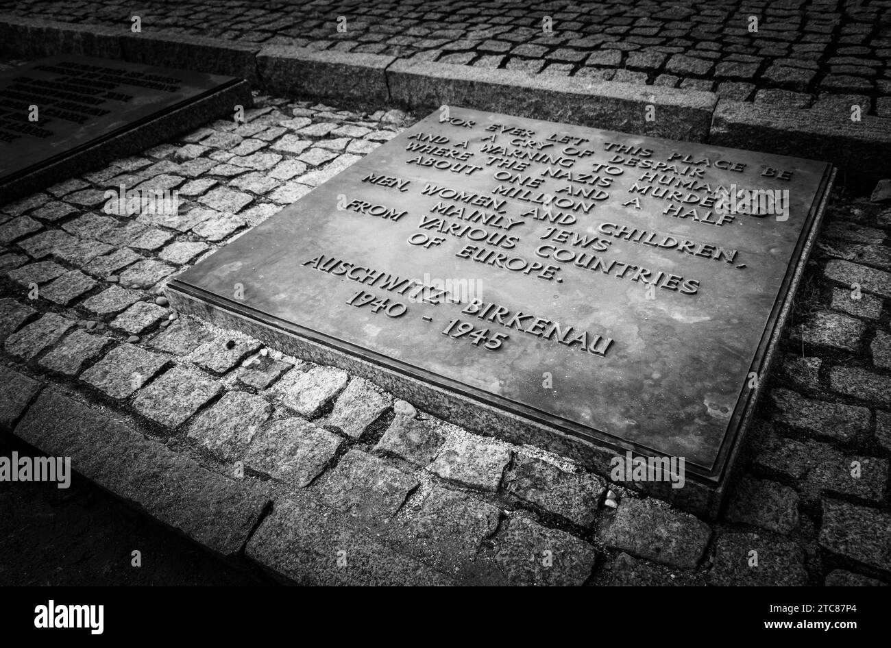 Un'immagine in bianco e nero del memoriale di Auschwitz II, Birkenau Foto Stock